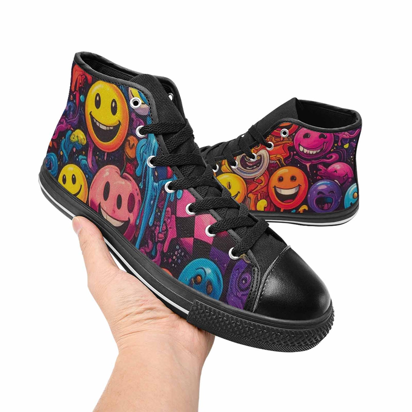 MEN'S Yellow Smiley Face High Top Canvas Neon Fantasy Custom Shoes