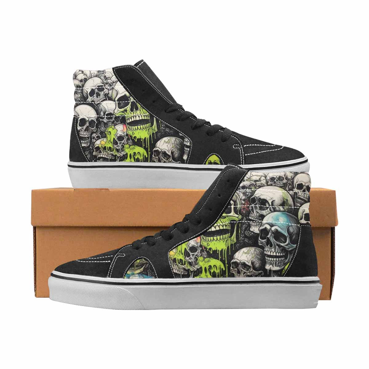WOMEN'S Skulls Black & Green Ink High Top Canvas One Of A Kind Wallpaper Art Original Art Sneakers