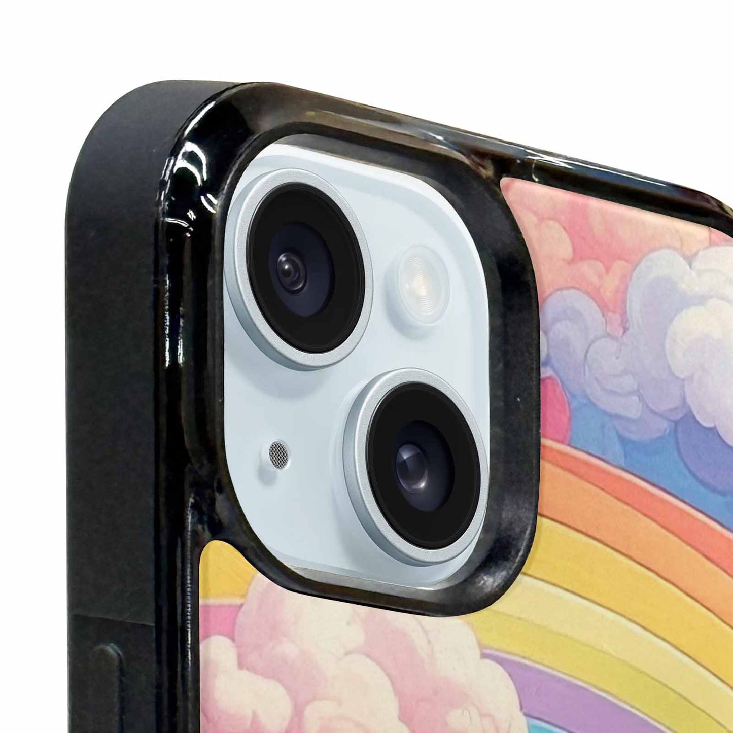 iPhone 15 Plus Case — Cloud And Rainbow Burst Pattern Hundreds, Custom Art Phone Cover