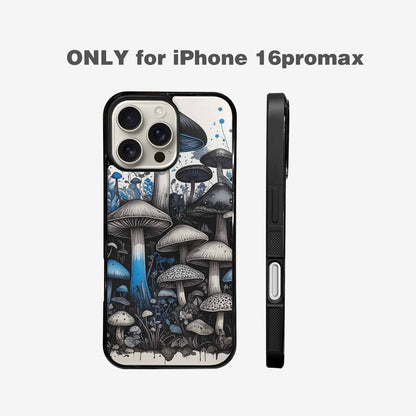 iPhone 16 Pro Max Case — Mushrooms General Black Blue Ink Mushrooms, Custom Printed Phone Case
