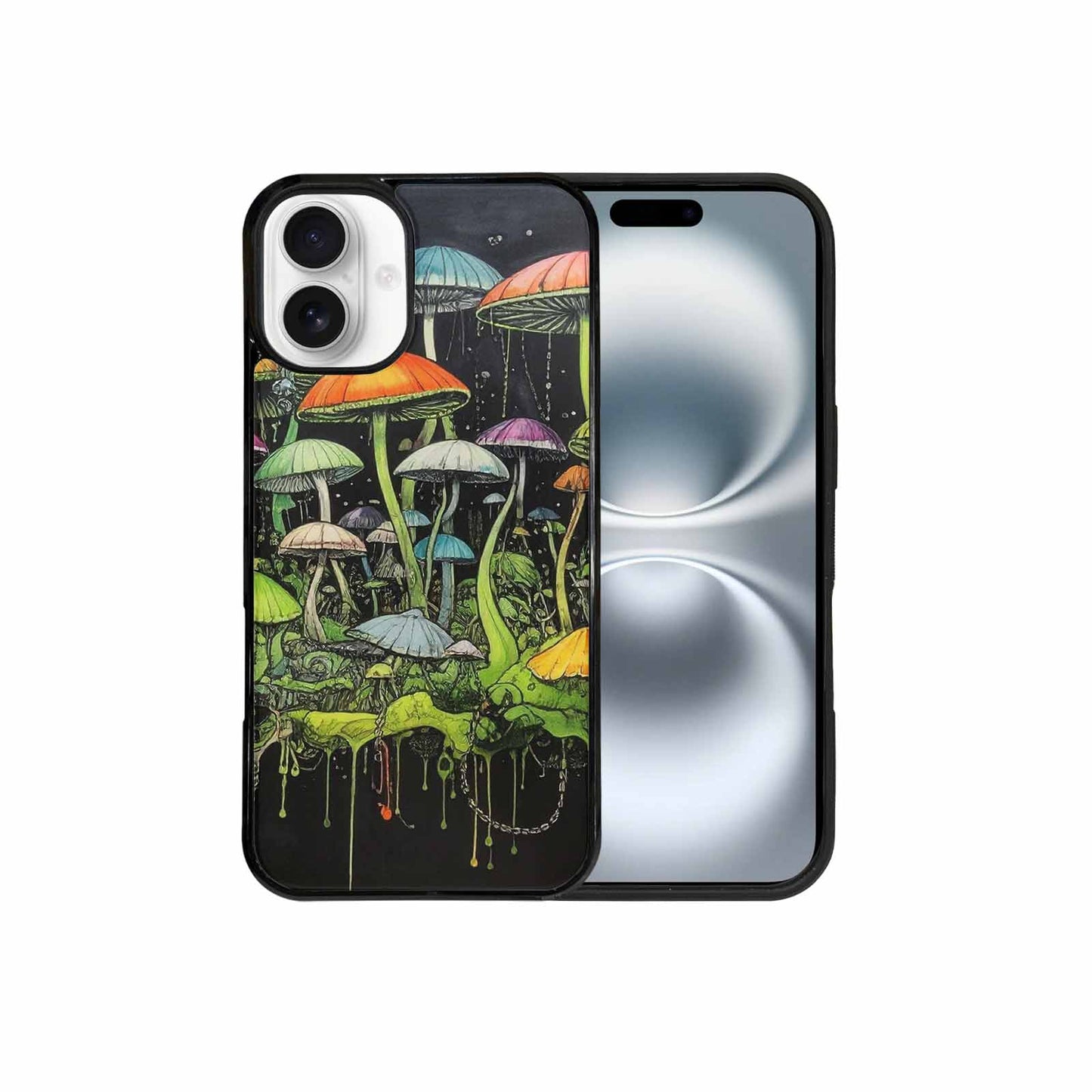 iPhone 16 Plus Case — Rainbow Drip Mushrooms Black Green Ink, Custom Designed Case Cover