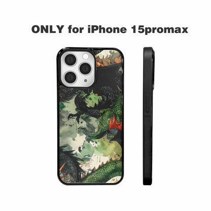 iPhone 15 Pro Max Case — Dragon Scale Black Green Ink Dragons, Custom Printed Phone Case