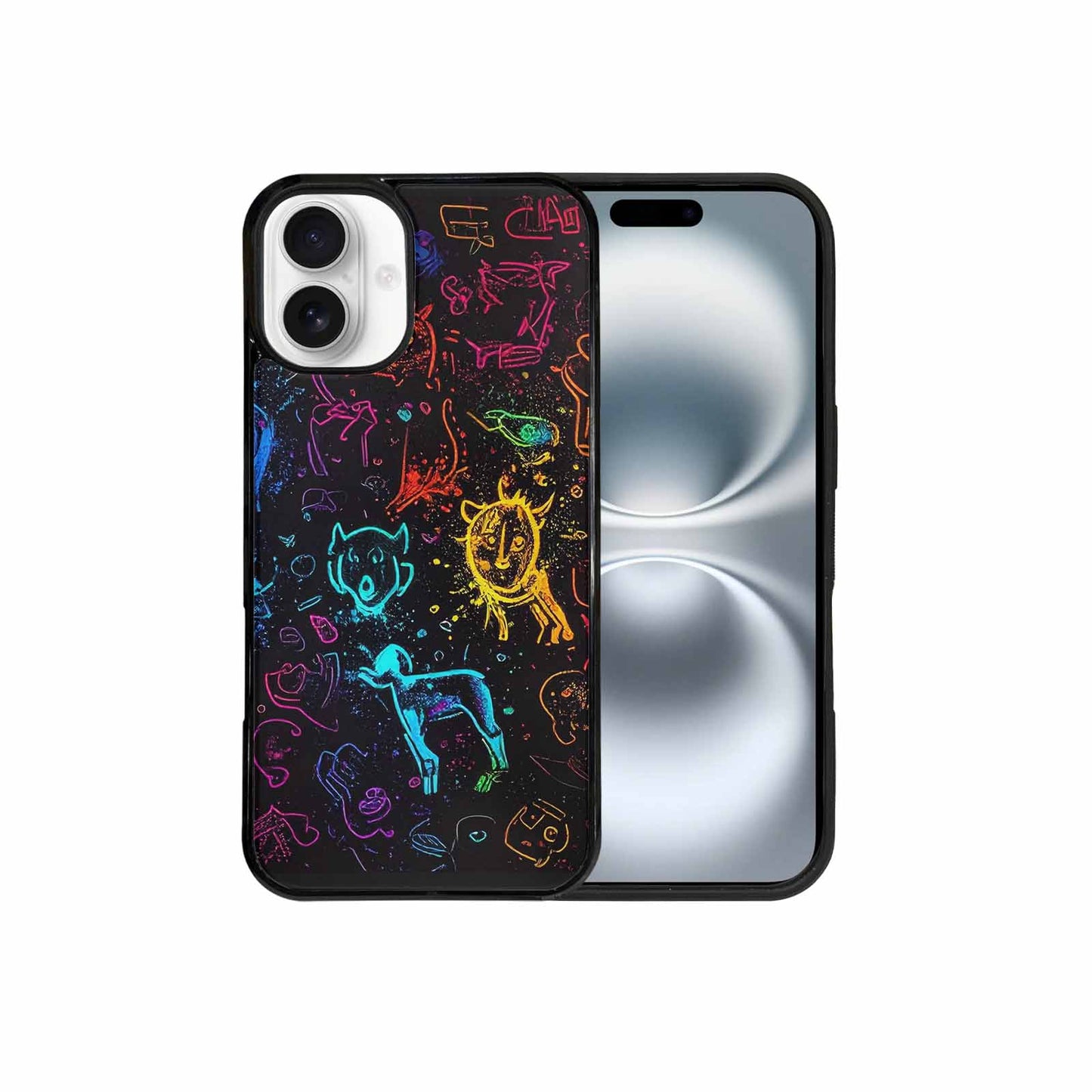 iPhone 16 Plus Case — Neon Glow Outline Icon Pattern Hundreds, Unique Phone Case Design