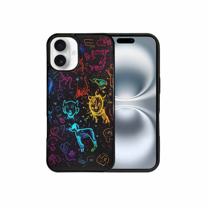 iPhone 16 Plus Case — Neon Glow Outline Icon Pattern Hundreds, Unique Phone Case Design