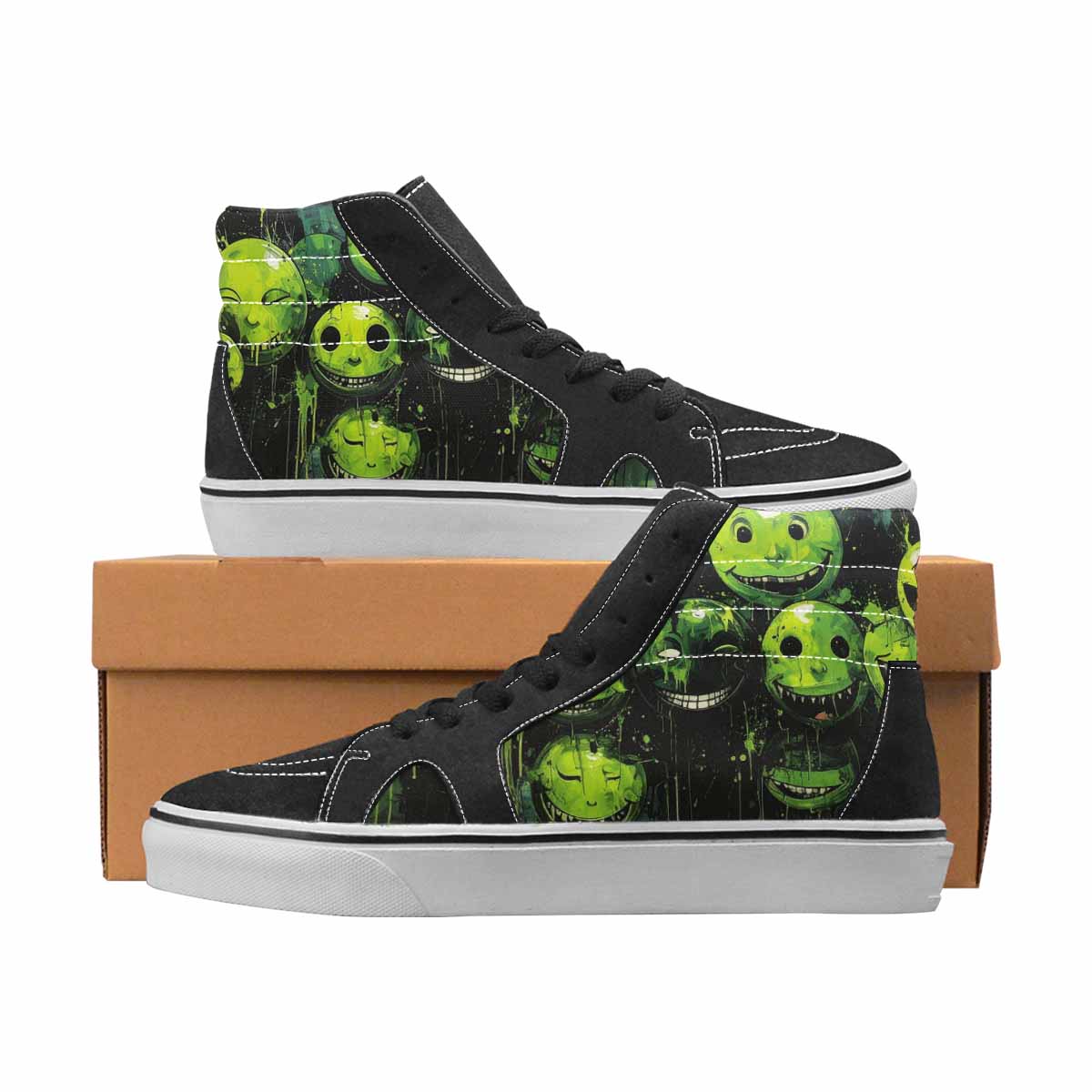 WOMEN'S Smiley Face Black & Green Ink High Top Canvas Custom Design Cottagecore Customized Sneakers