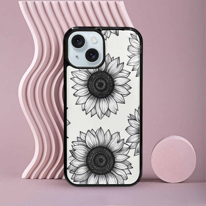 iPhone 15 Case — Minimalist Black Line Art Sunflowers On, Custom Designed Case Cover