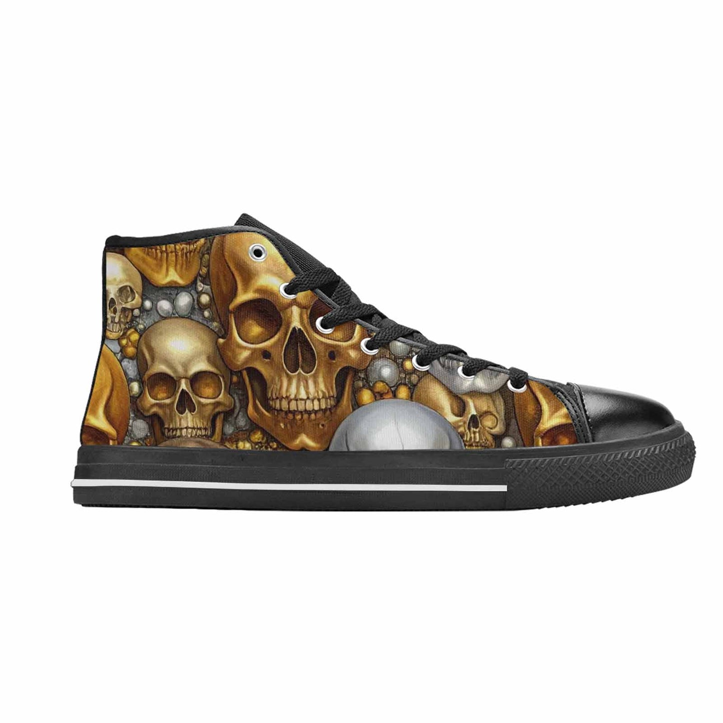 WOMEN'S Skulls - Metallic-Chrome- High Top Canvas Grunge Custom Sneakers