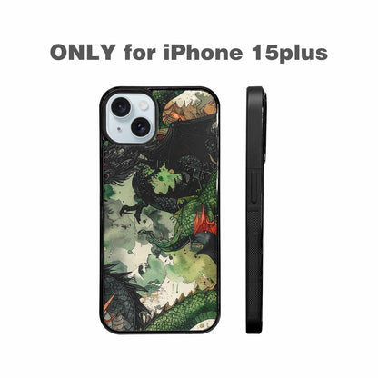 iPhone 15 Plus Case — Dragon Scale Black Green Ink Dragons, Custom Print Case Cover