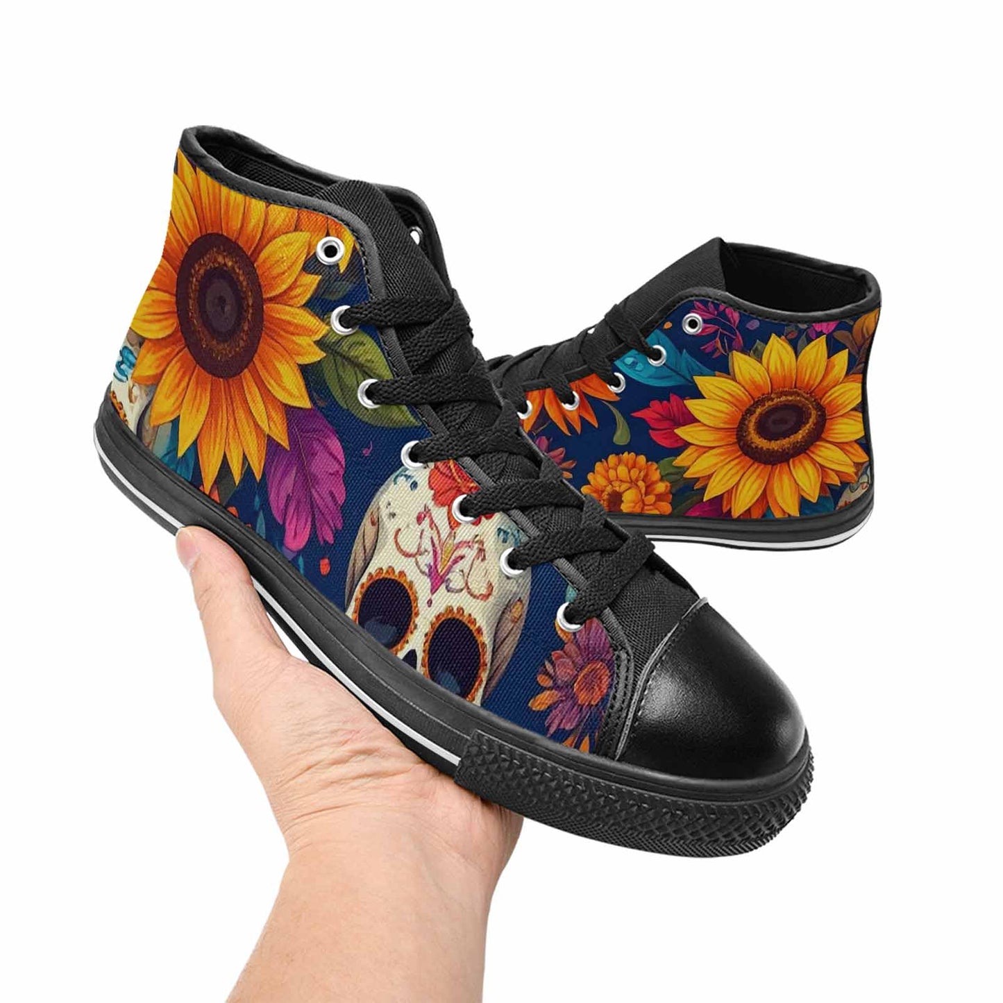 MEN'S Sunflower Skulls Print High Top Canvas Wallpaper Art Custom Shoes