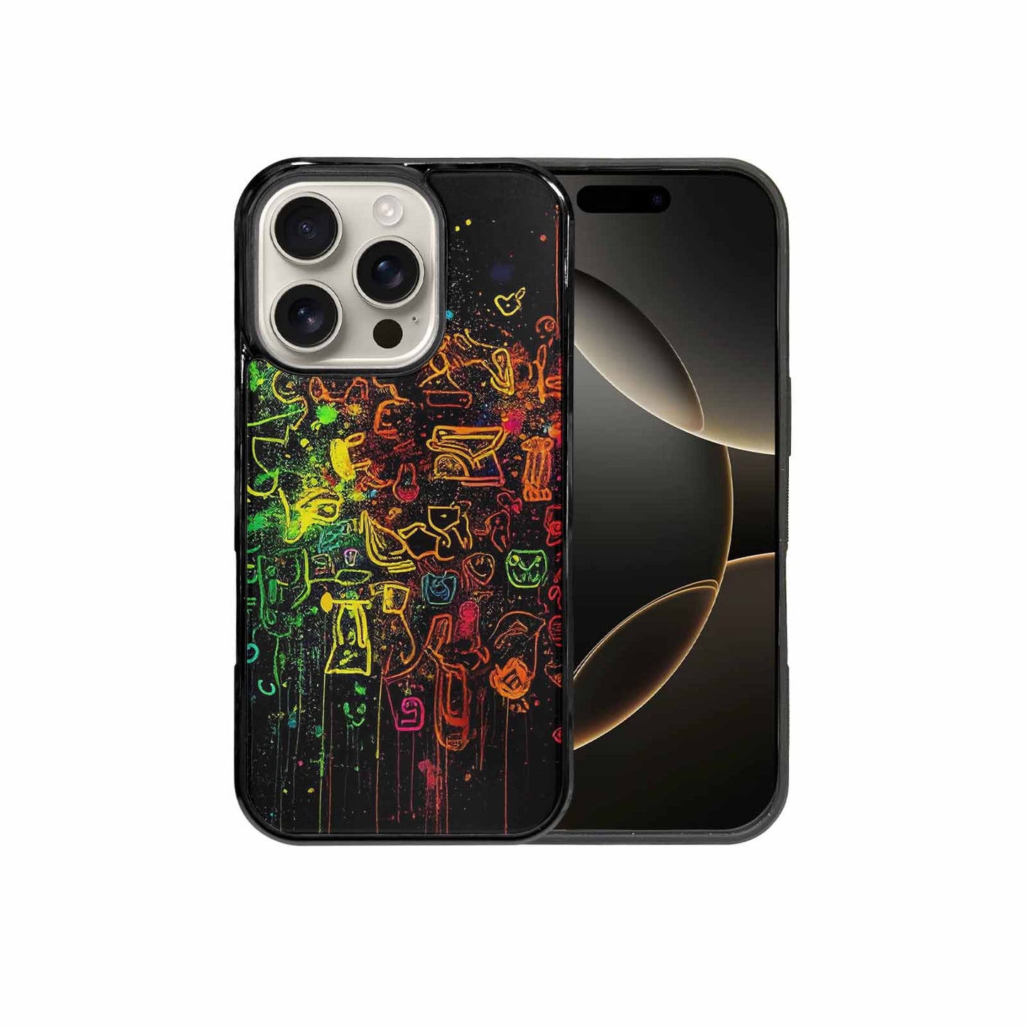 iPhone 16 Pro Case — Neon Glow Outline Icon Pattern Hundreds, Custom Made Phone Cover
