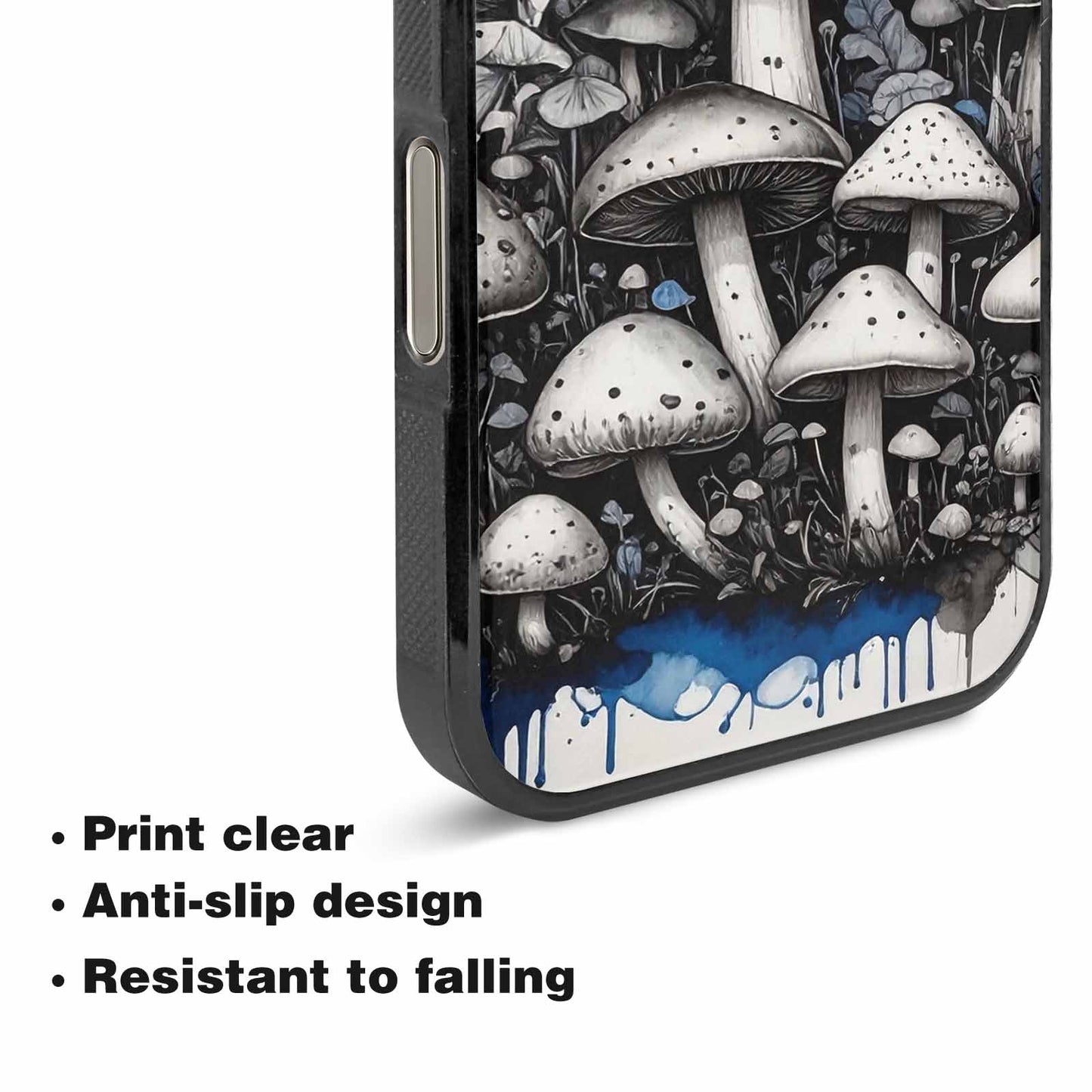 iPhone 16 Pro Case — Mushrooms General Black Blue Ink Mushrooms, Custom Print Case Cover
