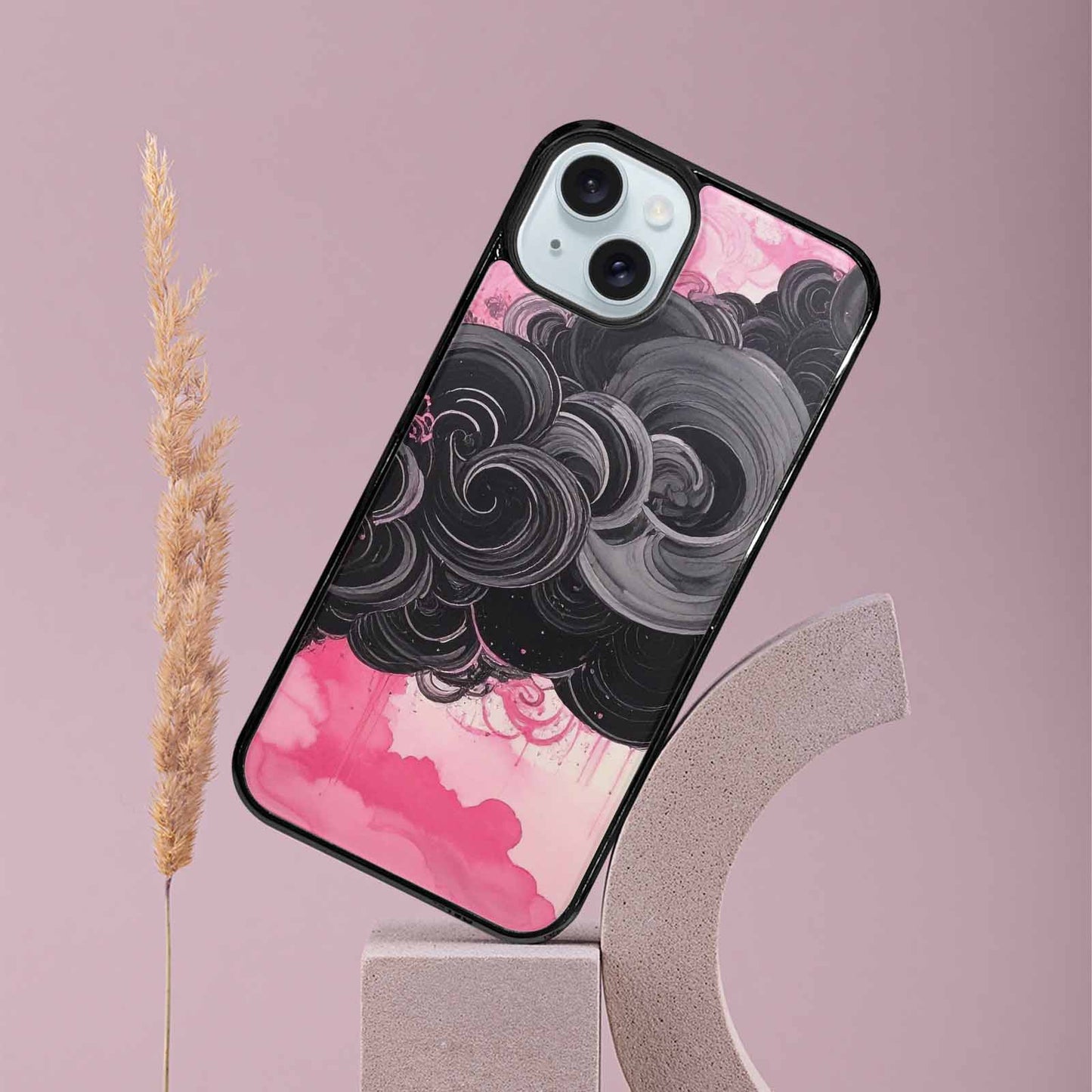 iPhone 15 Plus Case — Van Gogh Swirl Black Pink Ink, Custom Designed Case Cover