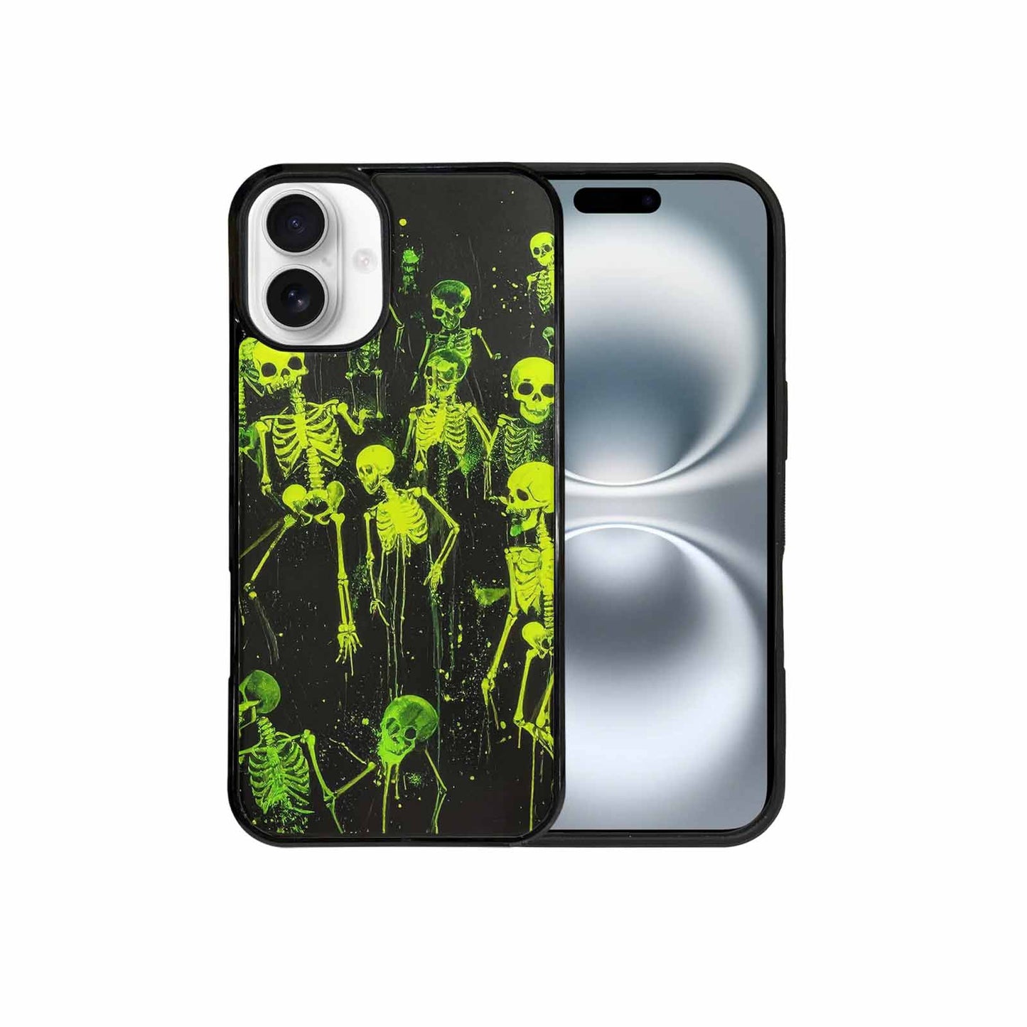 iPhone 16 Plus Case — Skeletons Neon Green Glow Skeletons Pattern, Unique Phone Case Design