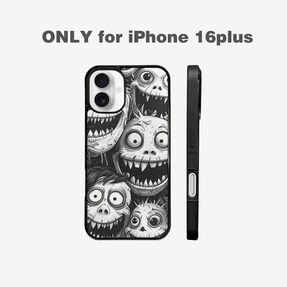 iPhone 16 Plus Case — Black And White Monster Face Collage, Custom Print Case Cover