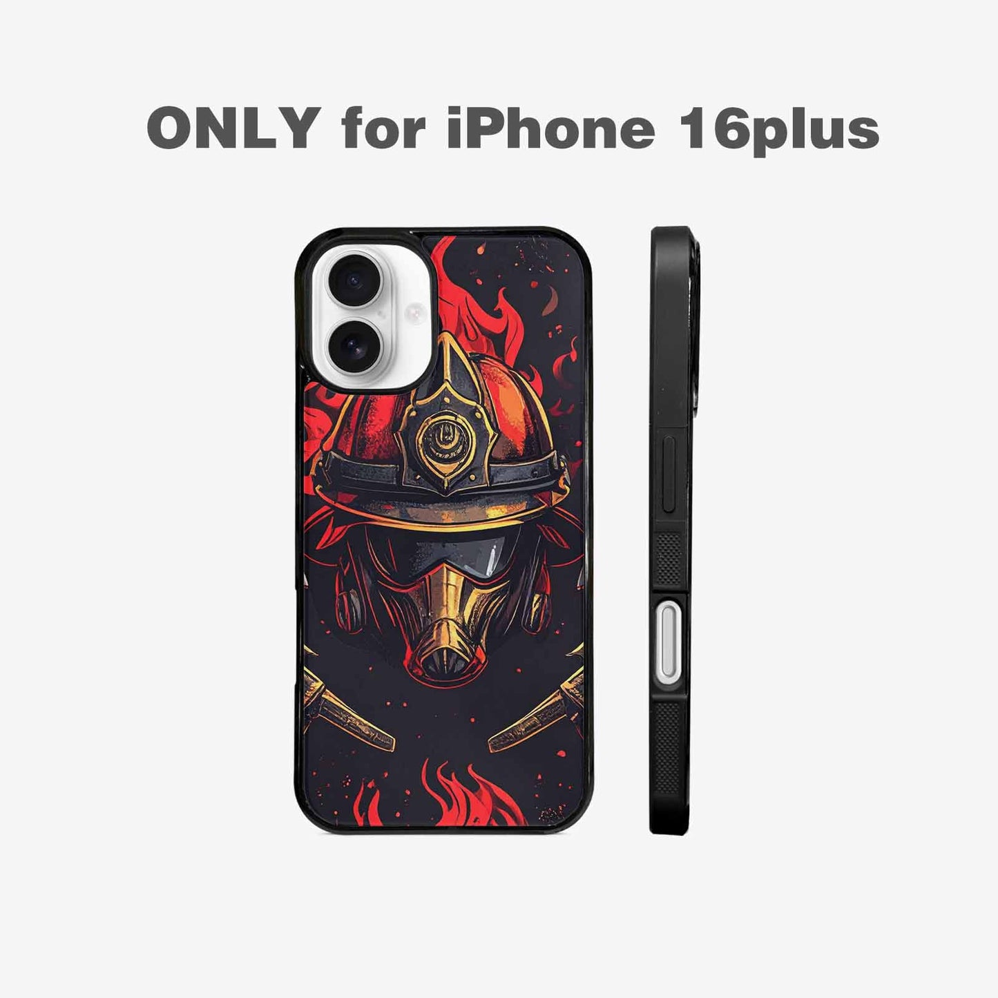 iPhone 16 Plus Case — Firefighter Pattern Flames Axes Helmets Seamless, Personalized Phone Case