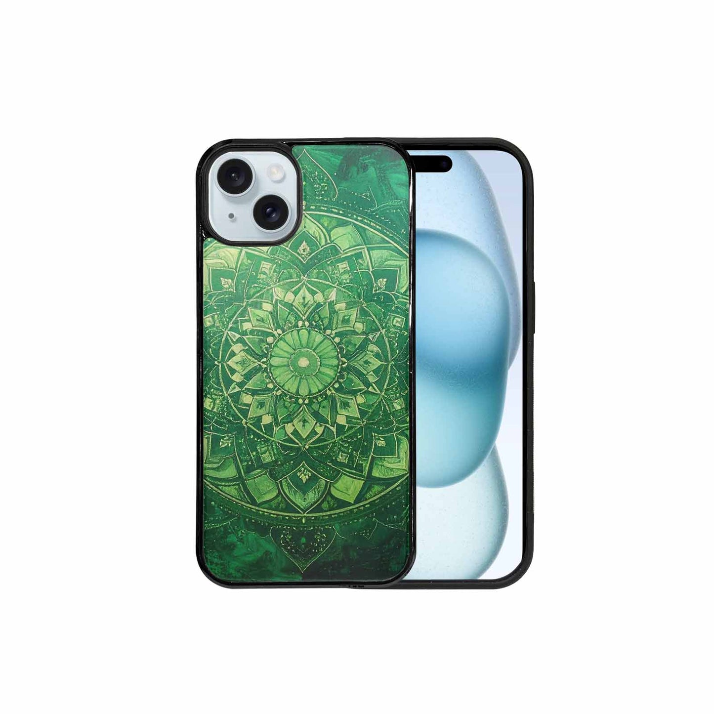 iPhone 15 Plus Case — Green Mandala Bohemian Print Edge To, Original Design Phone Case
