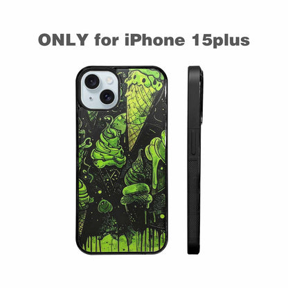 iPhone 15 Plus Case — Ice Cream Motif Black Green Ink, Original Design Phone Case