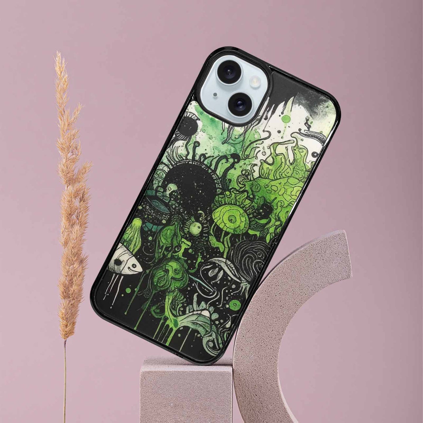 iPhone 15 Plus Case — Sea Creature Burst Black Green Ink, Custom Made Phone Cover