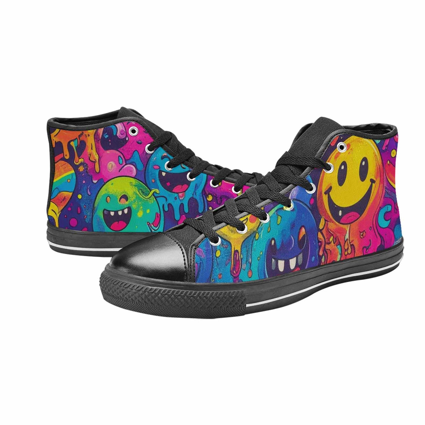 MEN'S Yellow Smiley Face High Top Canvas Grunge Custom Shoes