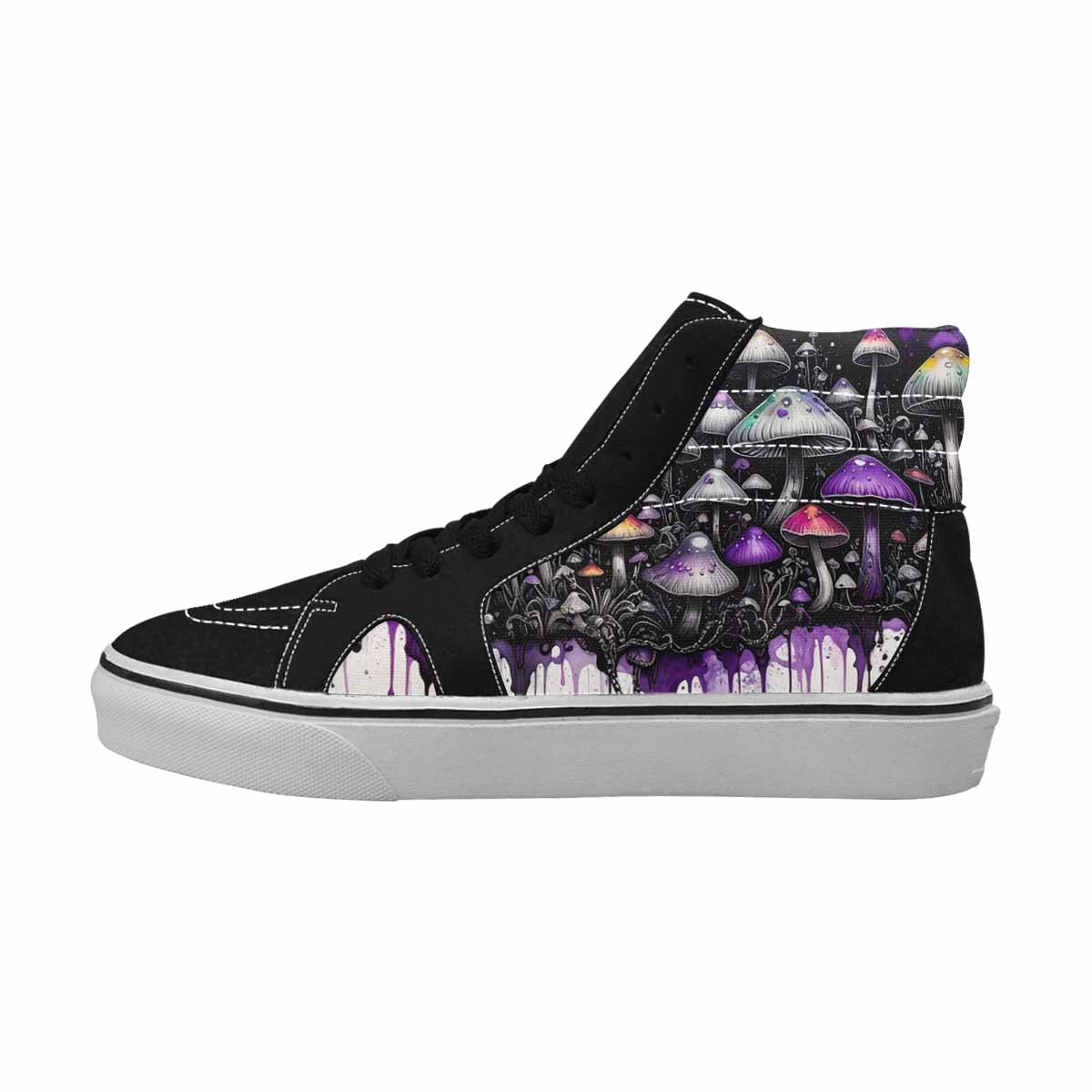 MEN'S Mushrooms Black & Purple Ink High Top Canvas Wearable Art Neon Fantasy Original Art Sneakers