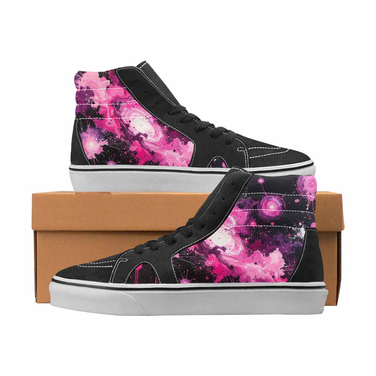 WOMEN'S Galaxy Art Black & Pink Ink High Top Canvas Original Design Aesthetic Handmade Custom Shoes