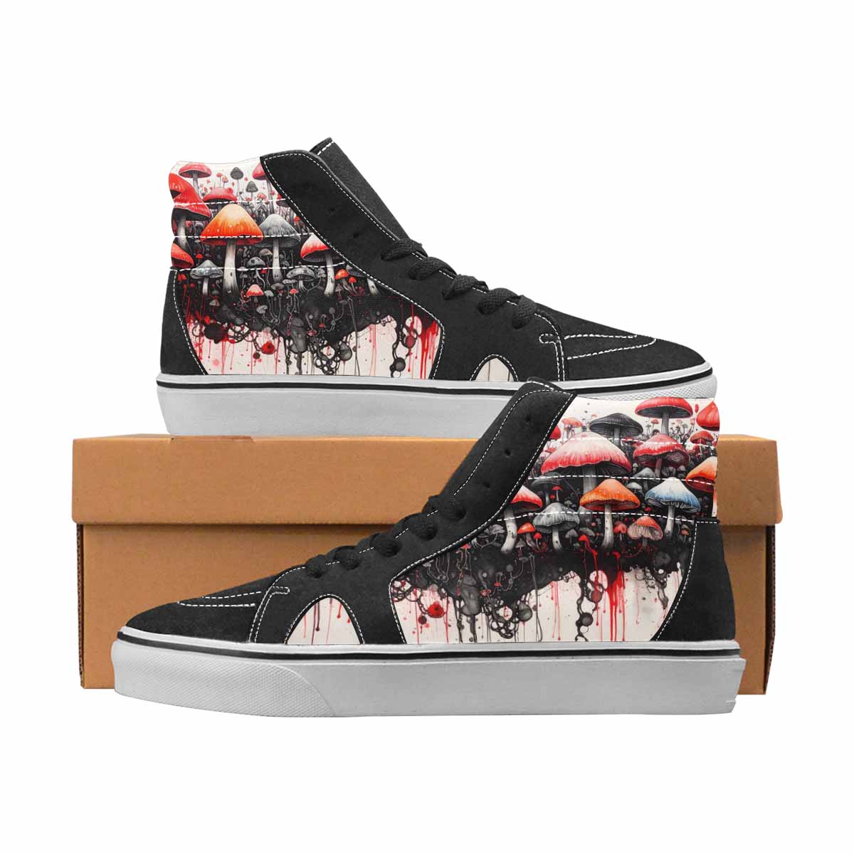 WOMEN'S Mushrooms Black & Red Ink High Top Canvas One Of A Kind Aesthetic Custom Art Shoes