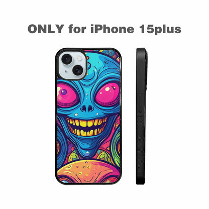 iPhone 15 Plus Case — Alien Ufo Cartoon Art Pattern Groovy, Custom Phone Case