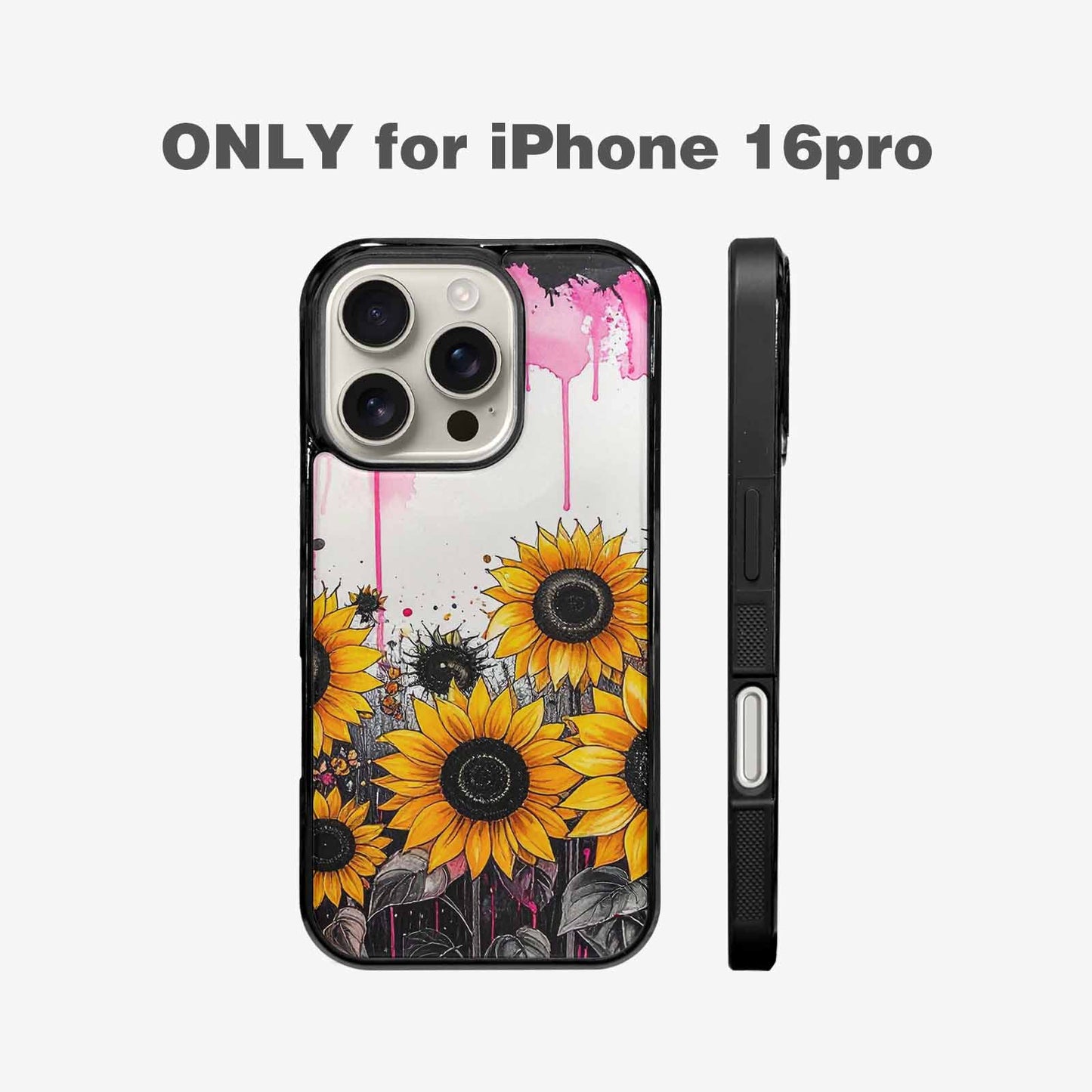iPhone 16 Pro Case — Sunflower Burst Black Pink Ink Sunflowers, Original Design Phone Case