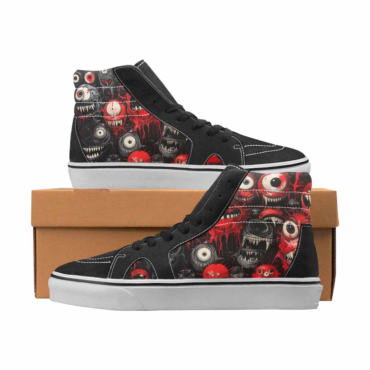 WOMEN'S Monsters Black & Red Ink High Top Canvas Statement Cottagecore Custom Art Shoes