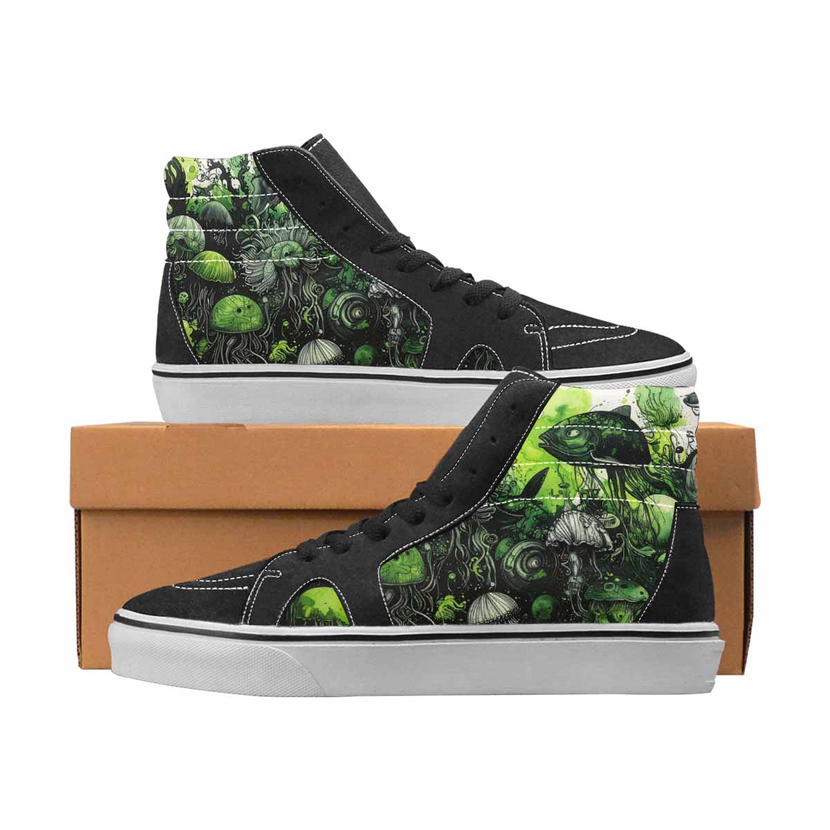 WOMEN'S Sea Creatures Black & Green Ink High Top Canvas Graphic Print Vivid All Over Print Shoes