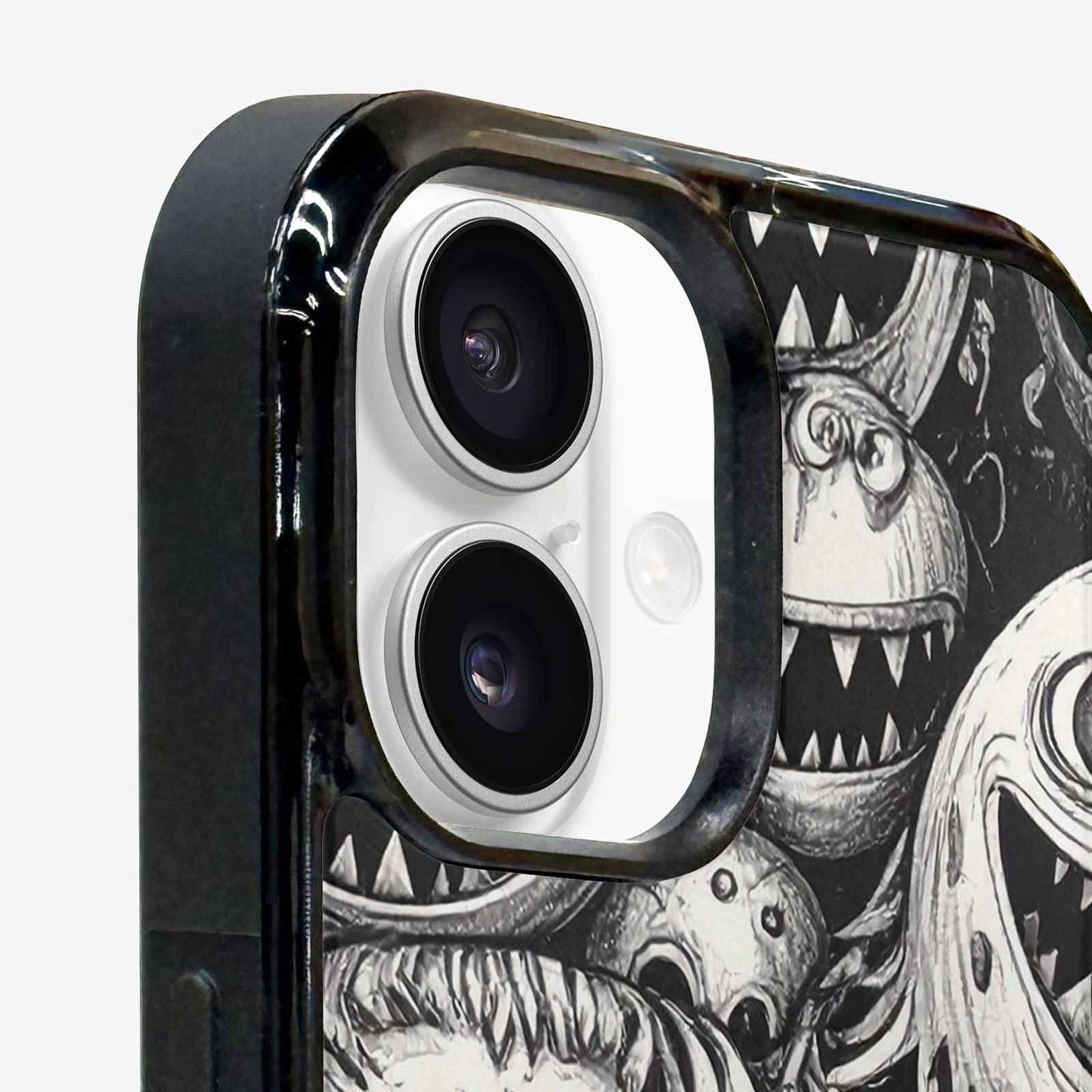 iPhone 16 Case — Black And White Monster Face Collage, Custom Printed Phone Case