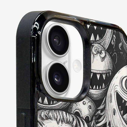 iPhone 16 Case — Black And White Monster Face Collage, Custom Printed Phone Case