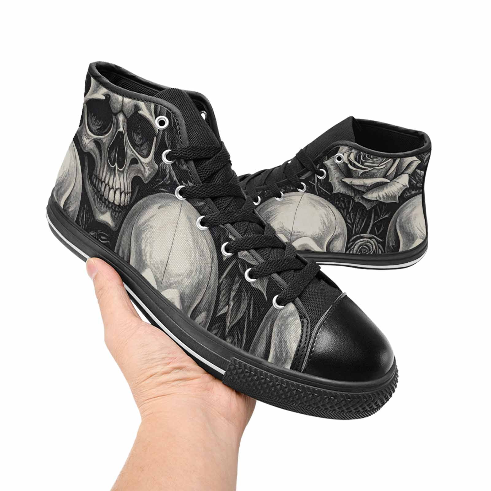 MEN'S Skulls Roses Black Ink High Top Canvas Dreamcore Sneakers