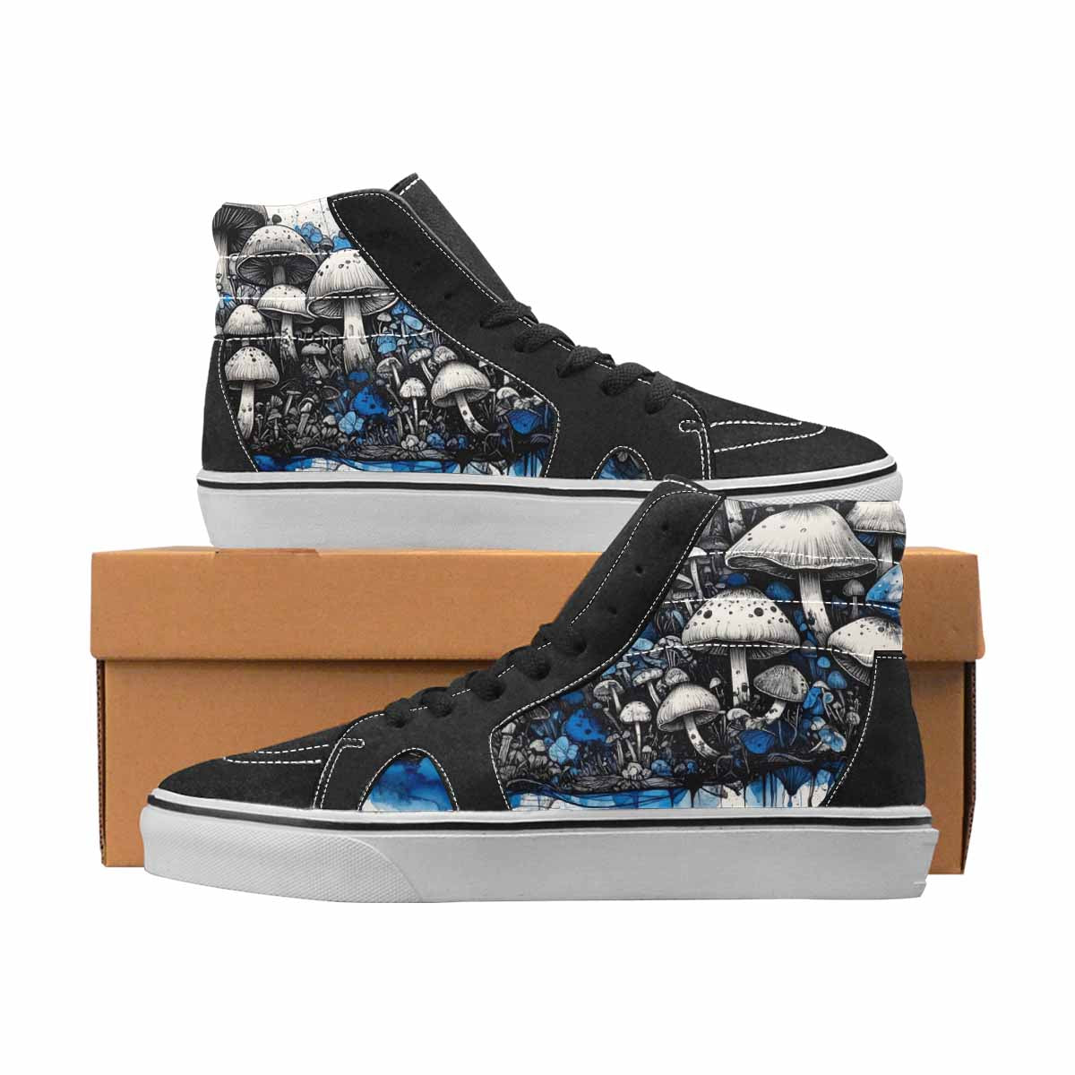 WOMEN'S Mushrooms Black & Blue Ink High Top Canvas Wearable Art Vivid Shoes