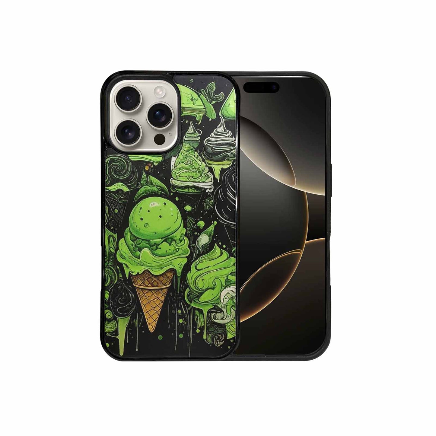 iPhone 16 Pro Max Case — Ice Cream Motif Black Green Ink, Custom Designed Case Cover