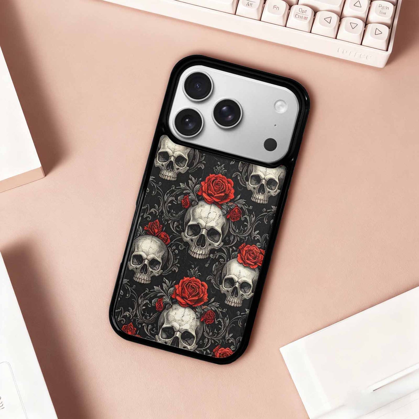 iPhone 17 Pro Case — Skulls Roses Fine Line Gothic Skulls, Original Design Phone Case