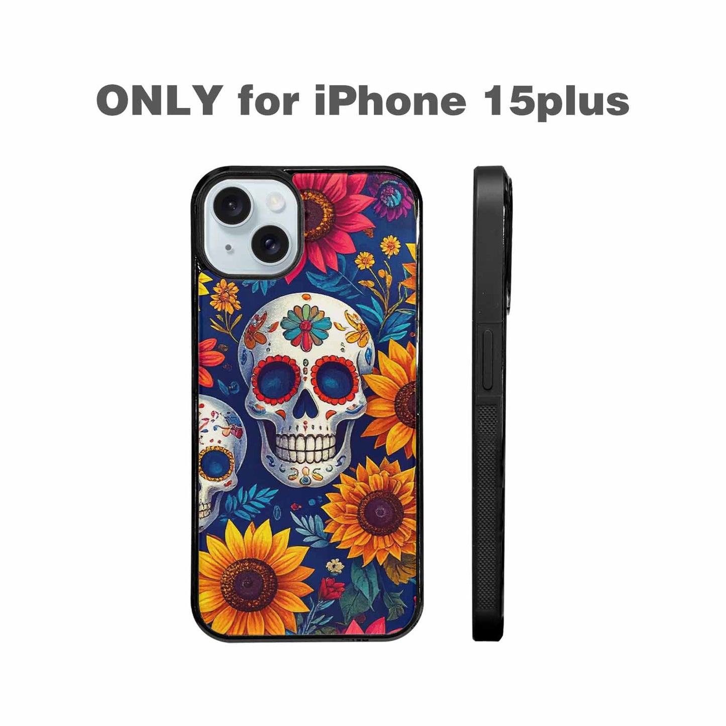 iPhone 15 Plus Case — Sunflower Skulls Print Custom, Personalized Phone Case