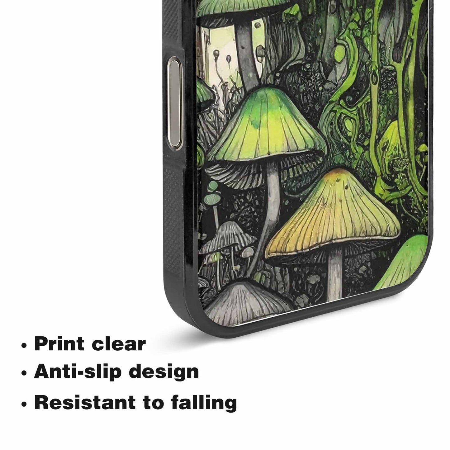iPhone 15 Pro Max Case — Rainbow Drip Mushrooms Black Green Ink, Original Design Phone Case