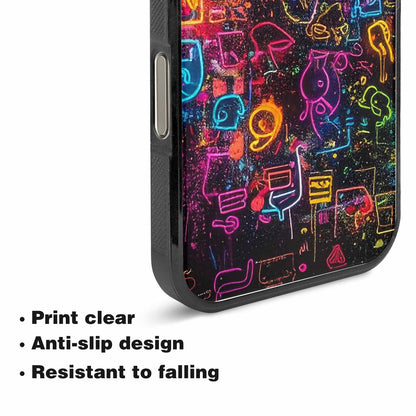 iPhone 15 Pro Max Case — Neon Glow Outline Icon Pattern Hundreds, Custom Print Case Cover