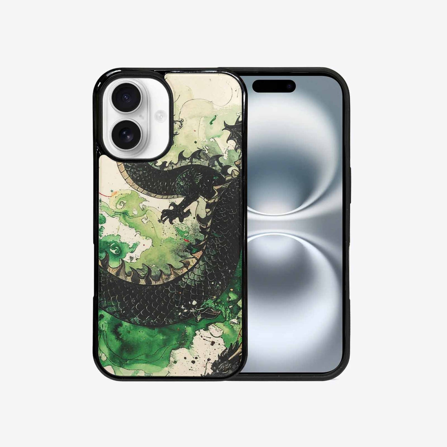 iPhone 16 Case — Dragon Scale Black Green Ink Dragons, Custom Print Case Cover