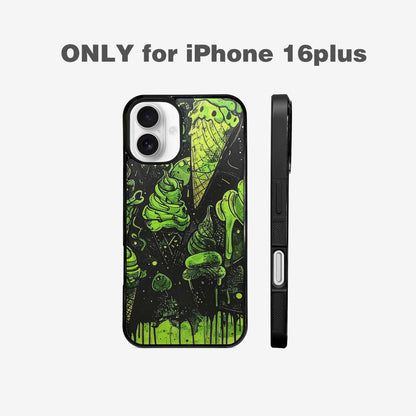 iPhone 16 Plus Case — Ice Cream Motif Black Green Ink, Custom Phone Case