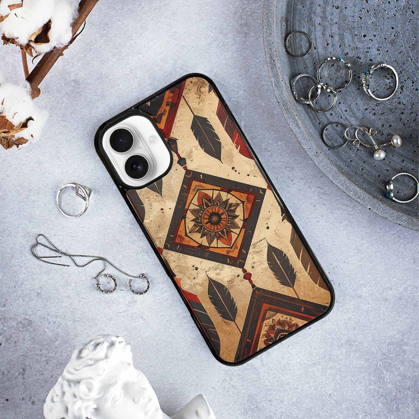 iPhone 16 Plus Case — Native American Geometric Pattern Arrows Feathers, Custom Printed Phone Case