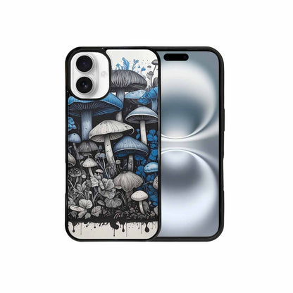 iPhone 16 Plus Case — Mushrooms General Black Blue Ink Mushrooms, Unique Phone Case Design