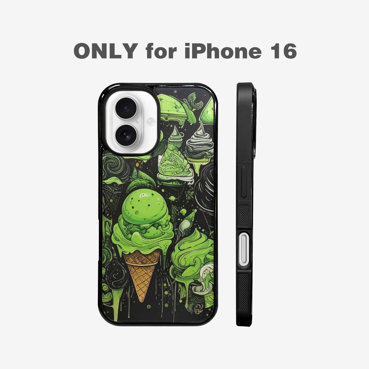 iPhone 16 Case — Ice Cream Motif Black Green Ink, Customized Protective Case