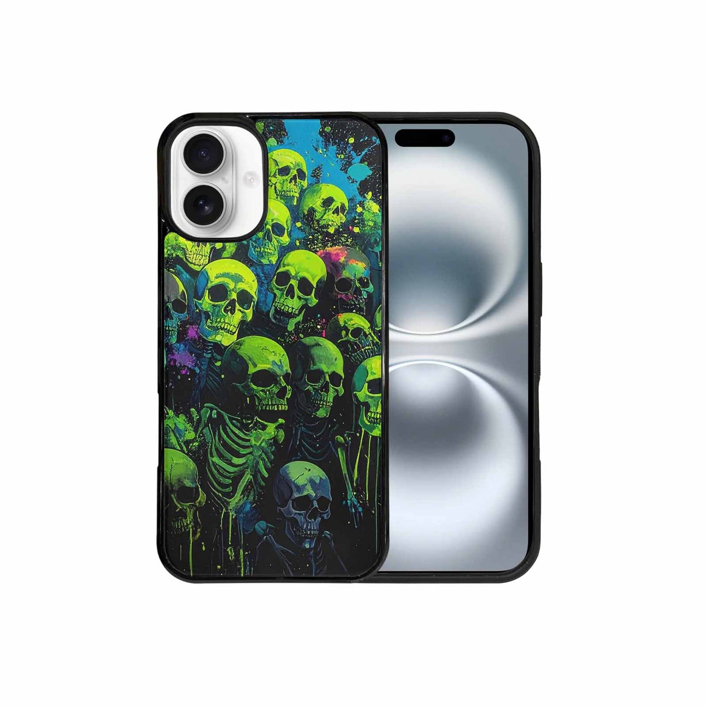 iPhone 16 Plus Case — Skeletons Neon Green Glow Skeletons Pattern, Unique Phone Case Design