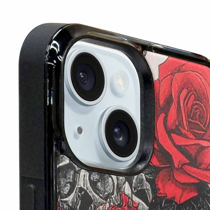 iPhone 15 Plus Case — Skull And Roses Black Red Ink, Unique Phone Case Design