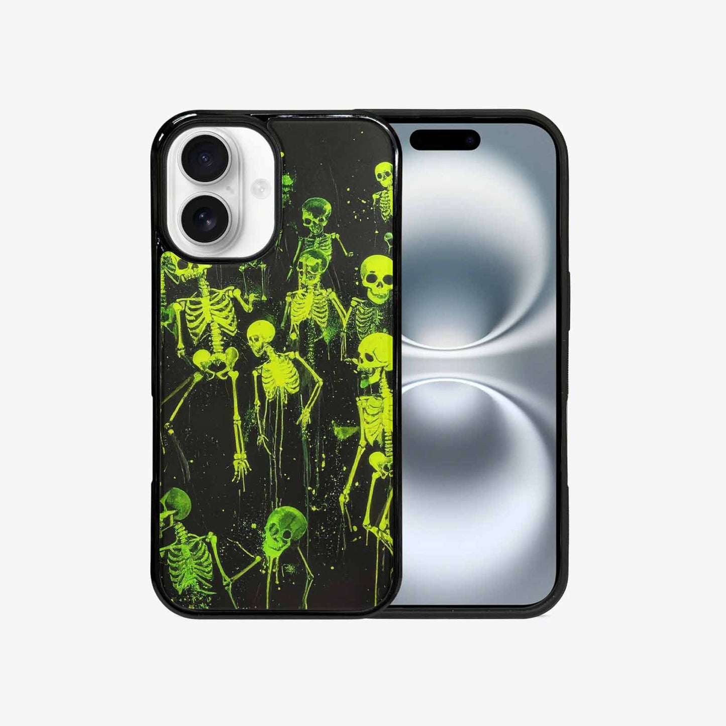 iPhone 16 Case — Skeletons Neon Green Glow Skeletons Pattern, Custom Phone Case