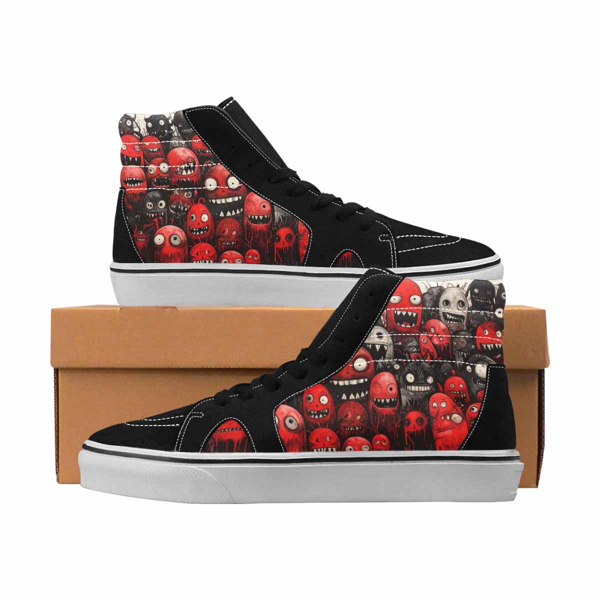 MEN'S Monsters Black & Red Ink High Top Canvas Statement Y2K Original Art Sneakers