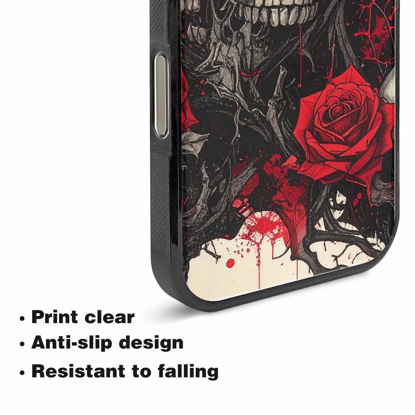 iPhone 15 Pro Max Case — Skull And Roses Black Red Ink, Personalized Phone Case