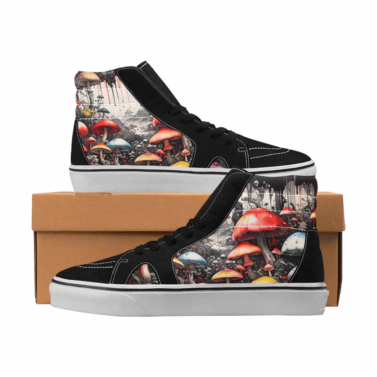 MEN'S Mushrooms Black & Red Ink High Top Canvas Custom Design Neon Fantasy Shoes